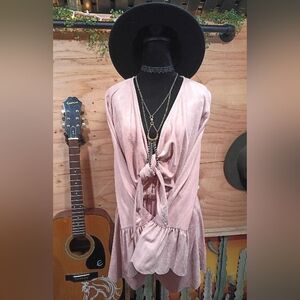 Selfie Leslie Mauve Faux Suede Romper -Tie Front Bell Sleeve-NWT- Medium Western